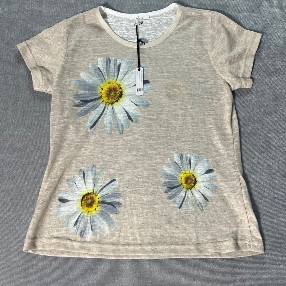 Milano‎ Women Tan Daisy Floral Print Short Sleeve T-Shirt Top Small NWT